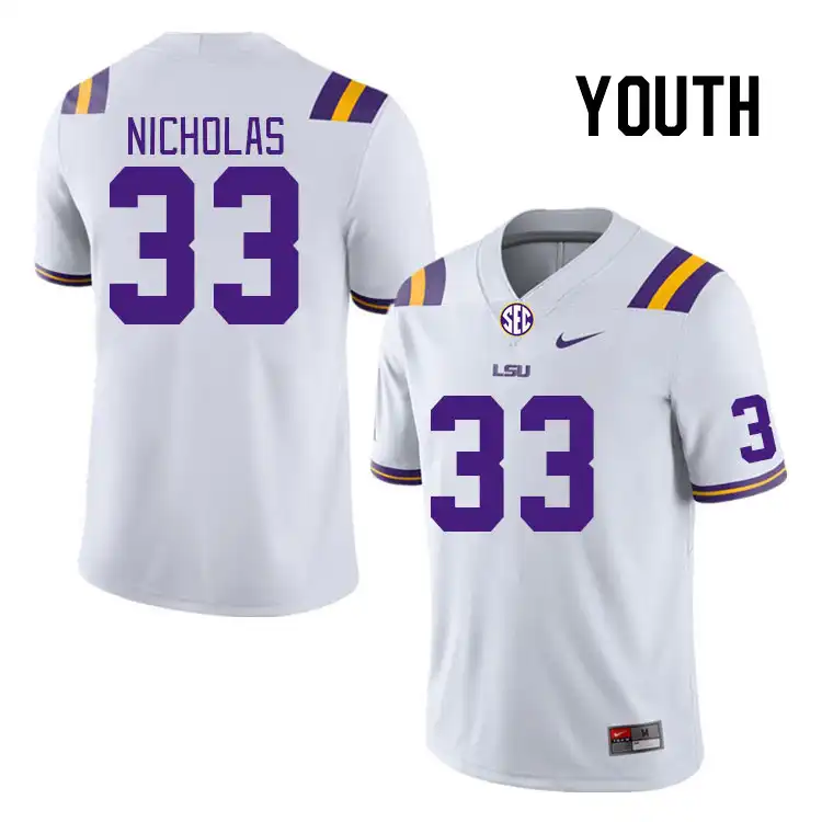 Youth LSU Tigers Javen Nicholas #33 White NCAA Football Jersey